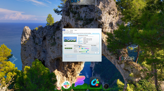 Screenshot of a Windows 11 PC running ObjectDock with very large zoomed icons and a grass pattern used for the background