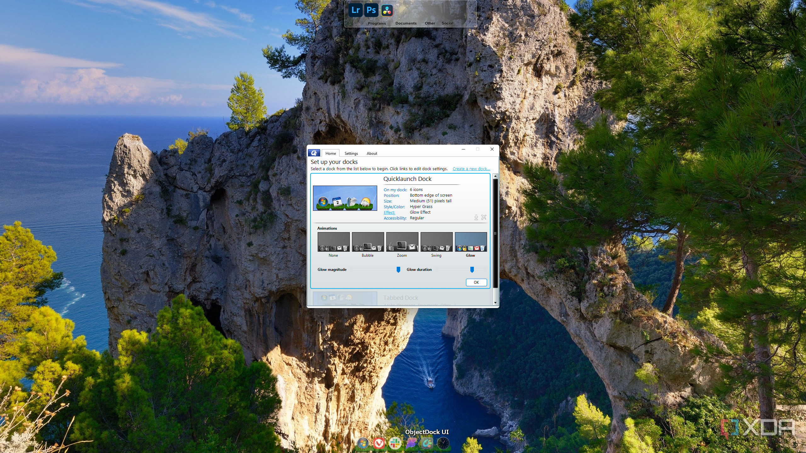 Screenshot of a Windows 11 PC running ObjectDock and changing settings for the QuickLaunch dock