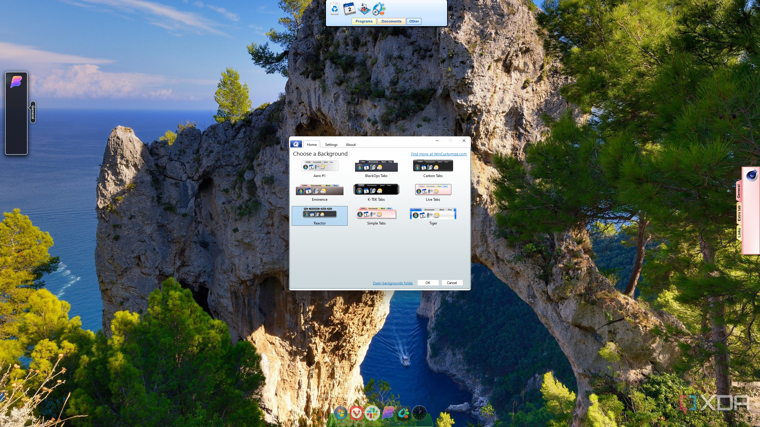 Screenshot of ObjectDock with three tabbed docks open, one with Windows Live style, one with a custom style, and the other with classic style