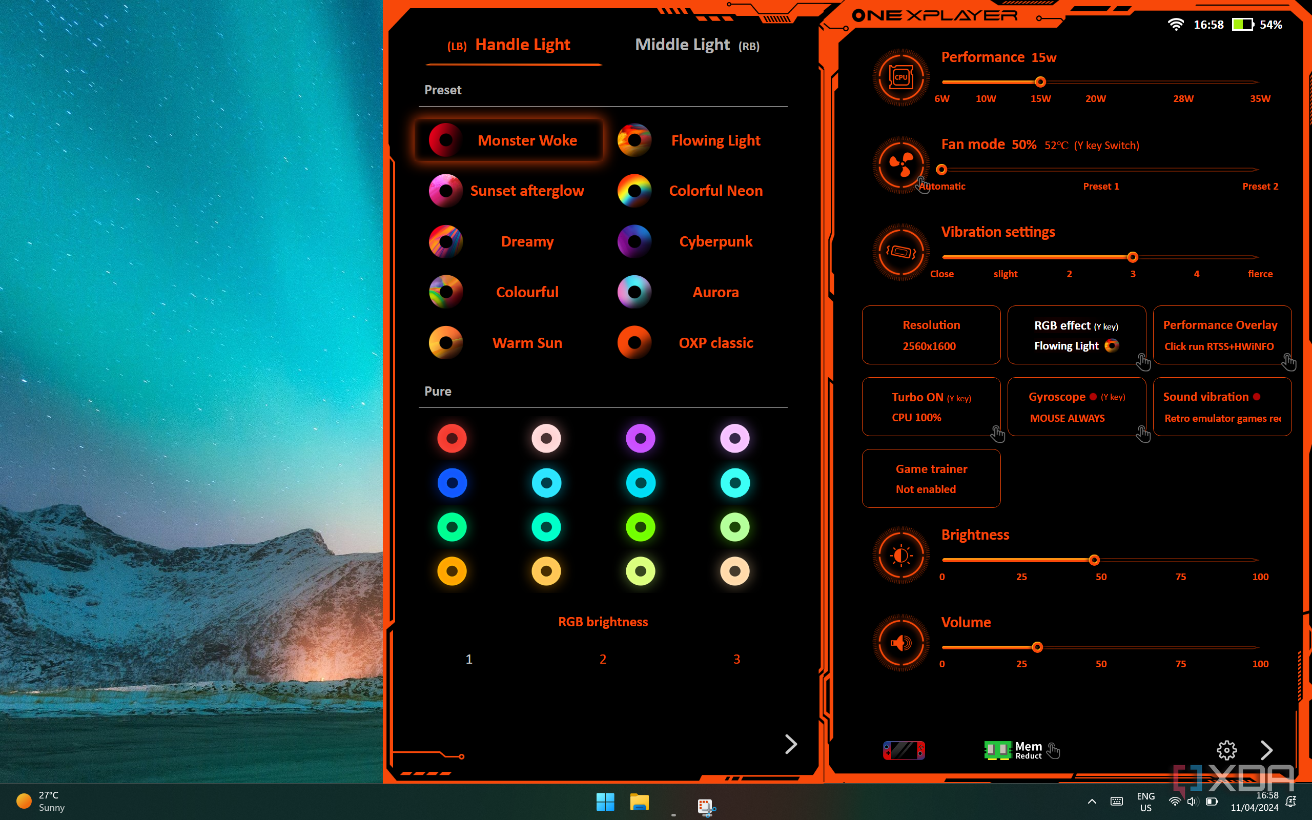 Screenshot of the OneXCOnsole overlay with RGB light settings open