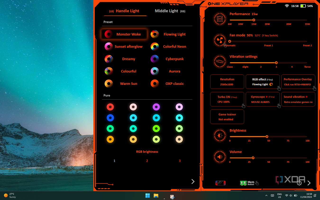 Screenshot of the OneXCOnsole overlay with RGB light settings open