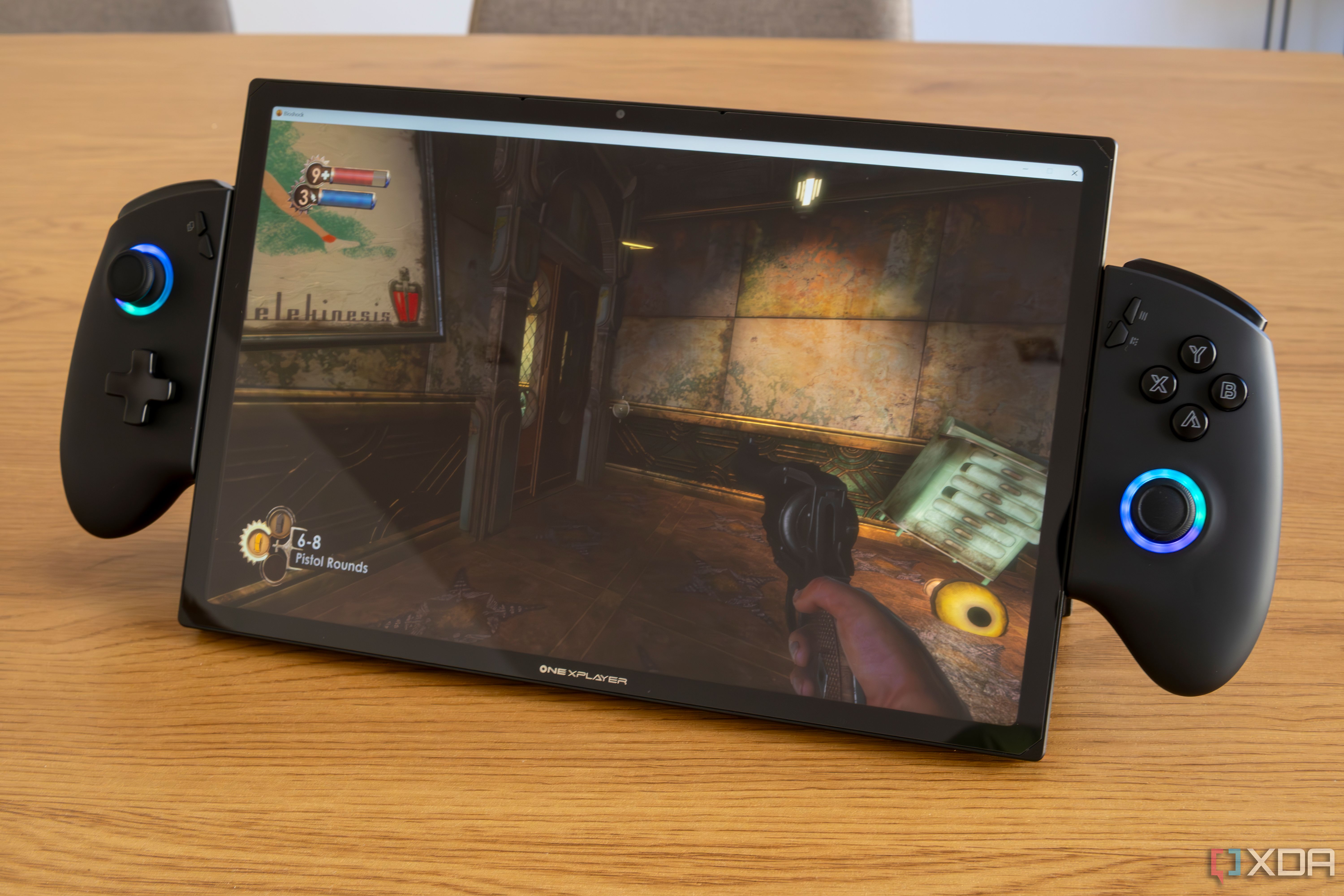 Angled view of the One Xplayer displaying Bioshock Remastered