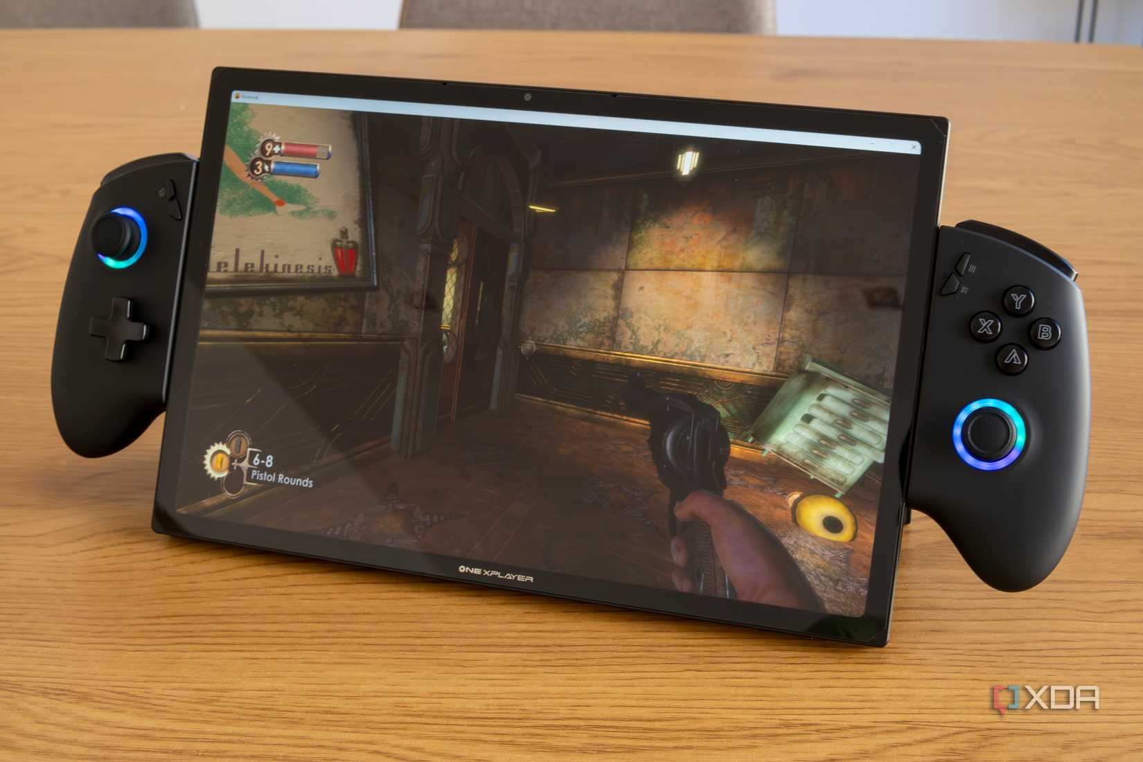 Angled view of the One Xplayer displaying Bioshock Remastered