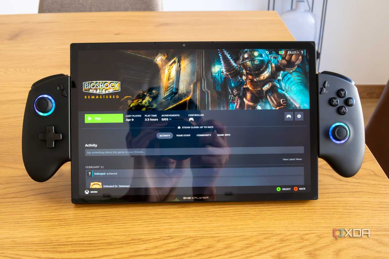 Front view of the One XPlayer X1 showing Steam in Big Picture mode