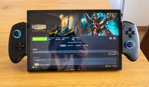 Front view of the One XPlayer X1 showing Steam in Big Picture mode