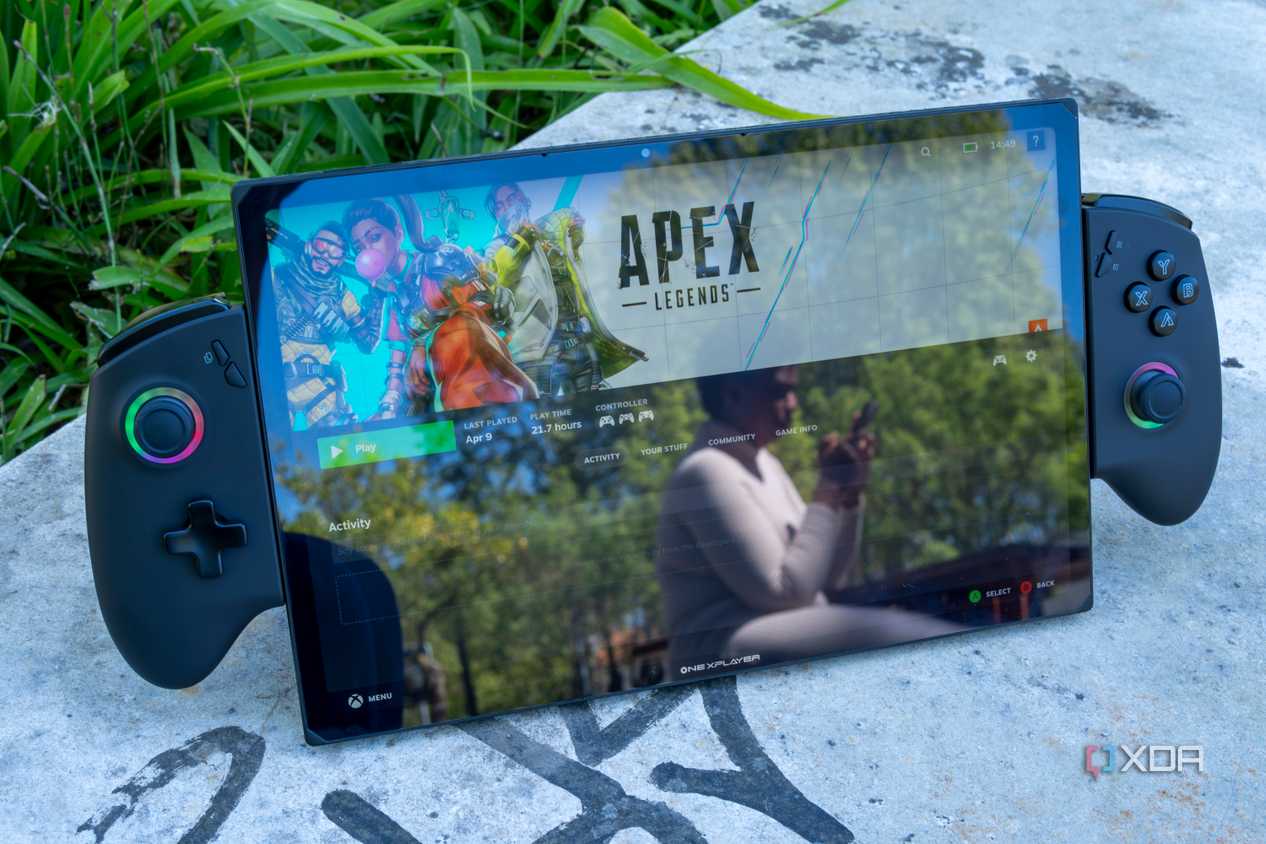 Angled front view of the One XPlayer X1 showing the Steam page for Apex Legends in Big Picture mode