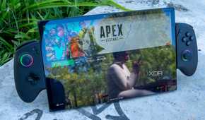 Angled front view of the One XPlayer X1 showing the Steam page for Apex Legends in Big Picture mode