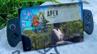 Angled front view of the One XPlayer X1 showing the Steam page for Apex Legends in Big Picture mode