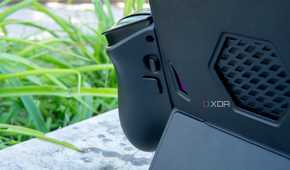 Close-up of the rear of a One XPlayer X1 controller connected to the tablet