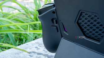 Close-up of the rear of a One XPlayer X1 controller connected to the tablet