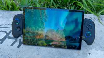 Angled front view of the One XPlayer X1 showing the Windows 11 desktop