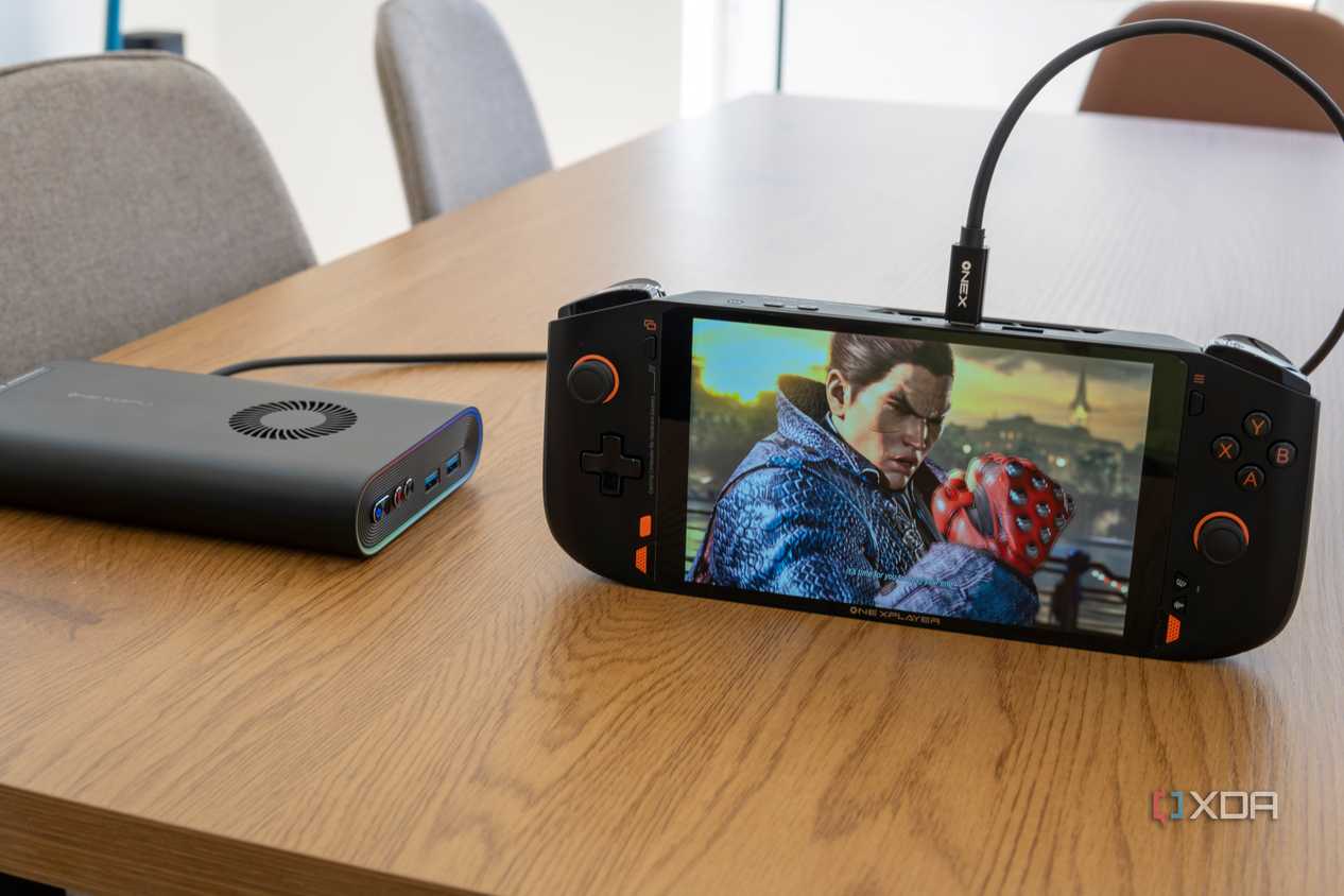 A One Xplayer Mini Pro connected to a OneXGPU while playing Tekken 8