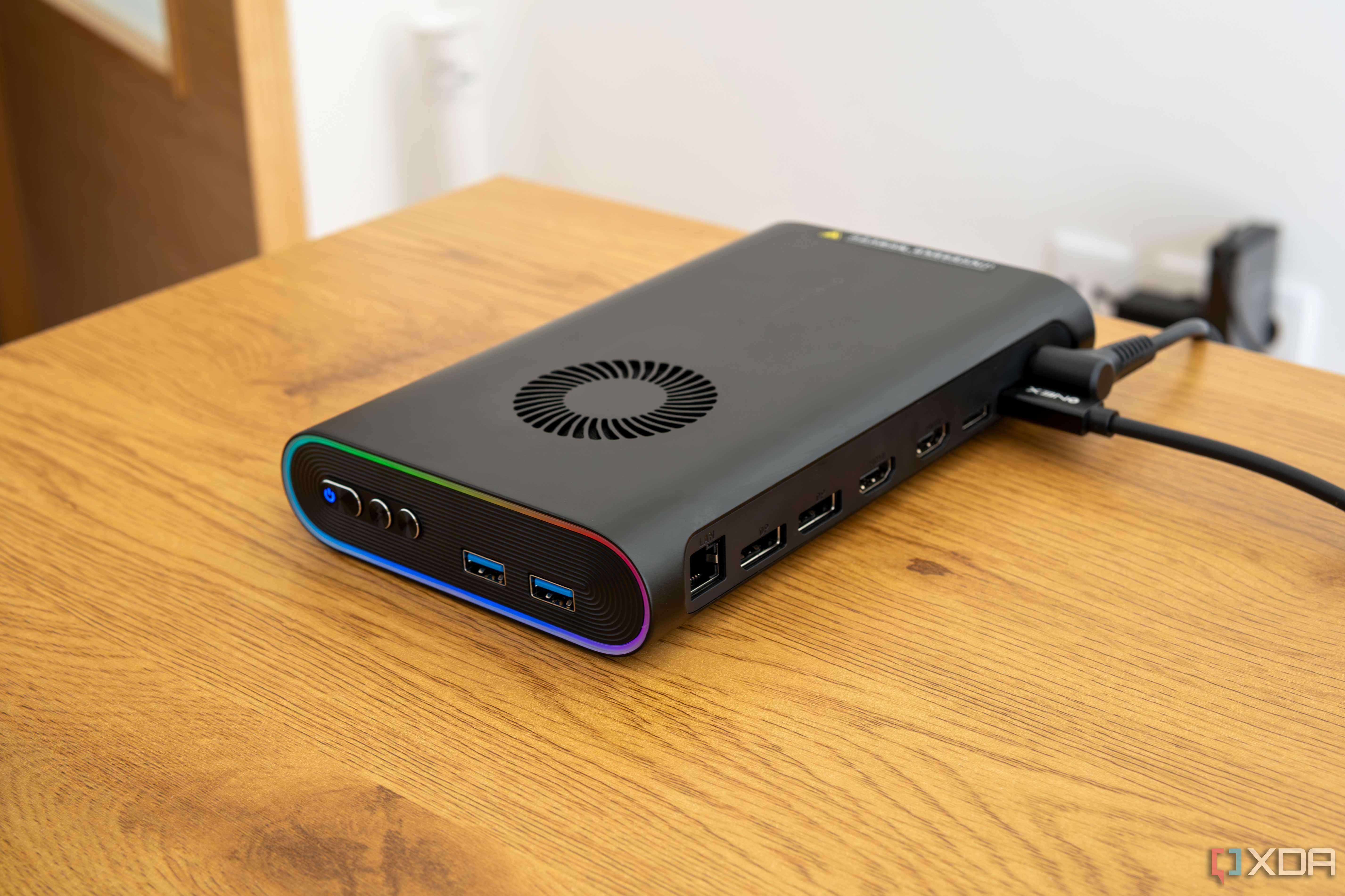 Angled rear view of the OneXGPU showing all the ports