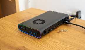 Angled rear view of the OneXGPU showing all the ports