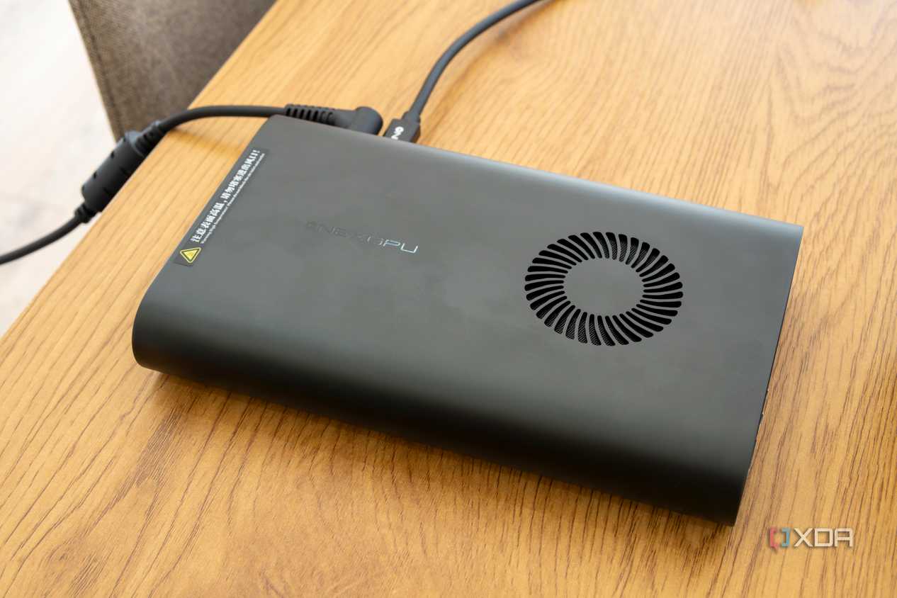 Angled overhead view of the OneXGPU showing the fan intake and logo