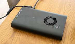 Angled overhead view of the OneXGPU showing the fan intake and logo