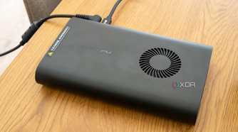 Angled overhead view of the OneXGPU showing the fan intake and logo