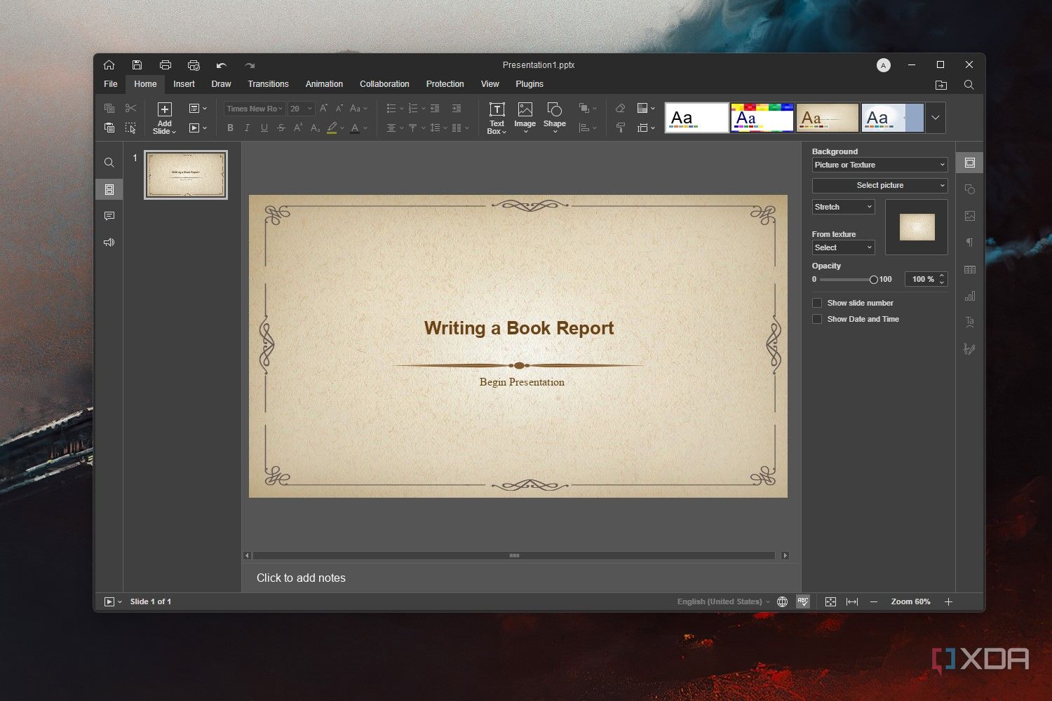 A screenshot of the OnlyOffice app showing a presentation template on Windows 11.