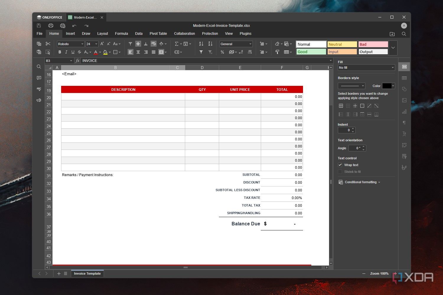 A screenshot of the OnlyOffice app showing a Spreadsheet template on Windows 11.