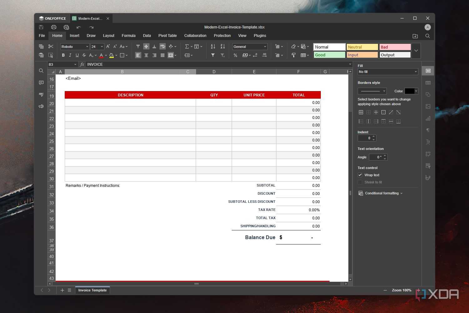 A screenshot of the OnlyOffice app showing a Spreadsheet template on Windows 11.
