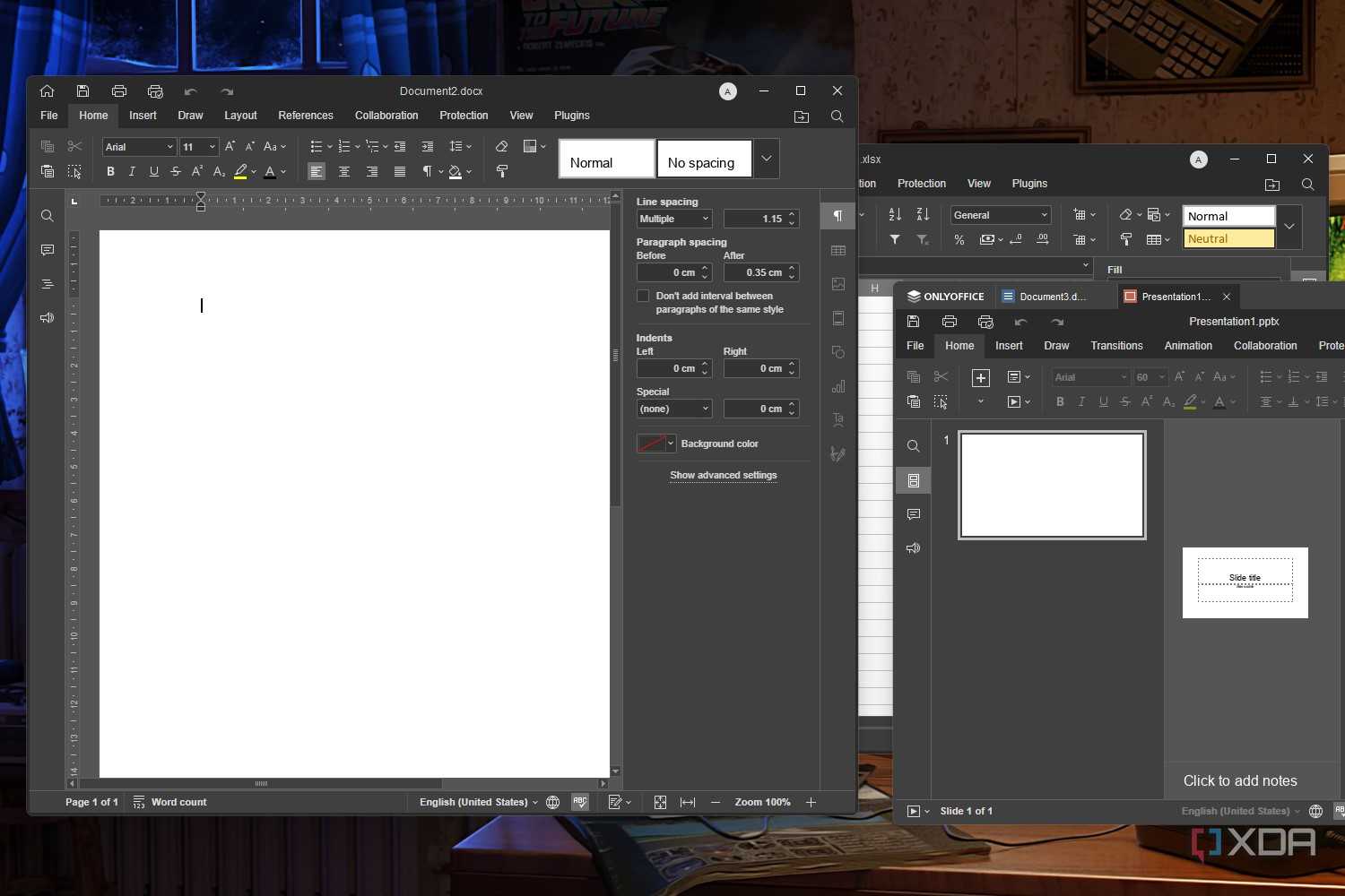 A Windows 11 screenshot with open OnlyOffice windows