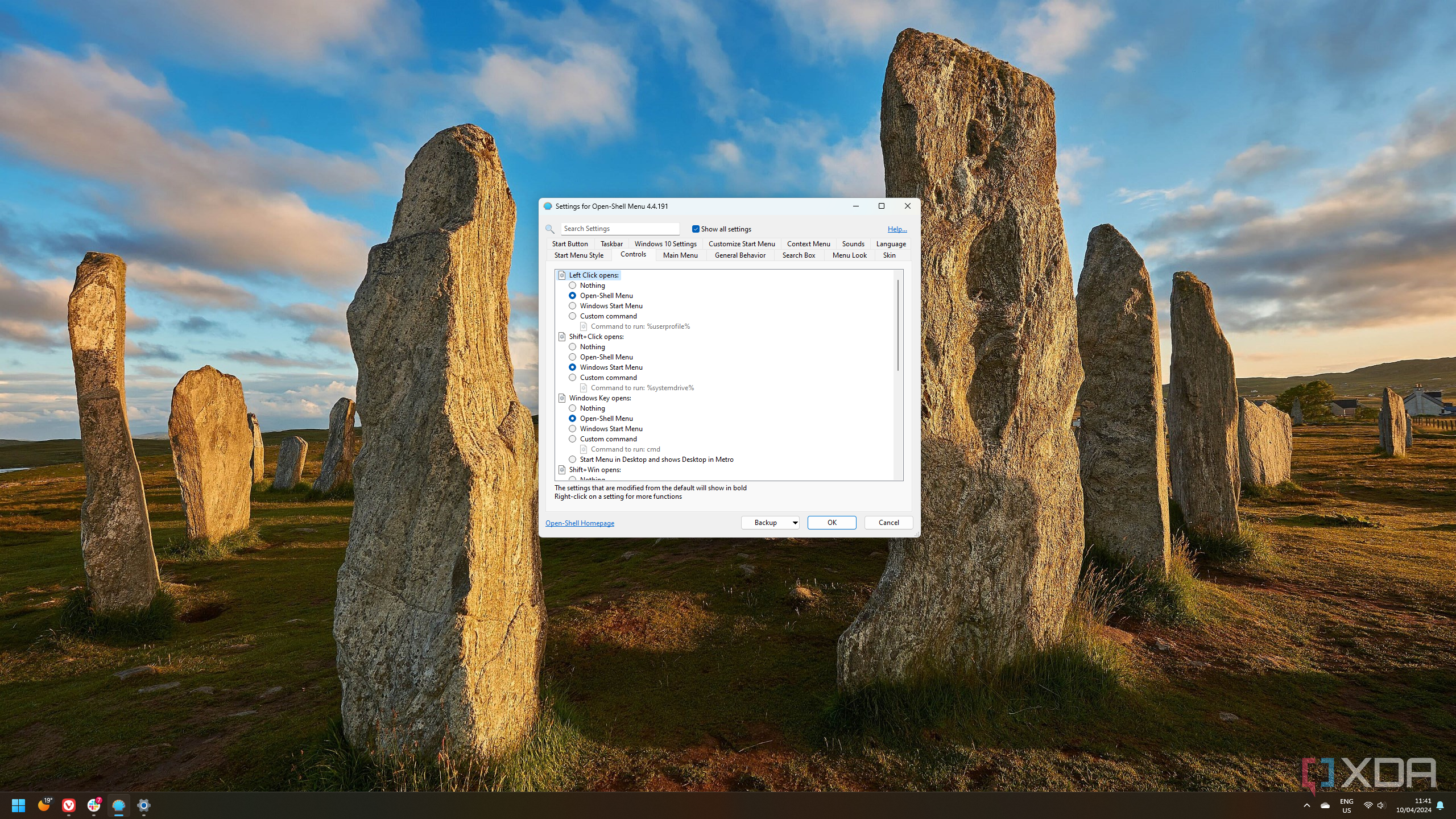 Screenshot of OpenShell settings for the controls