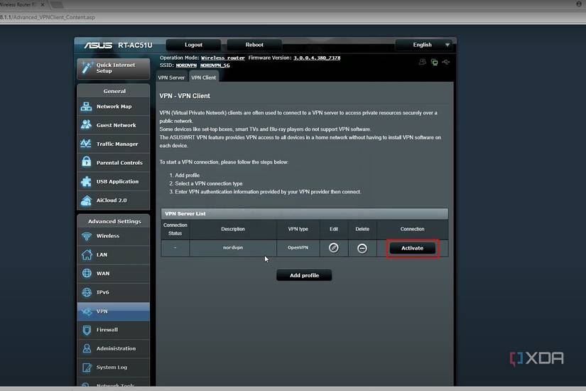 ASUS Router screenshot that highlights the Activate button for NordVPN.