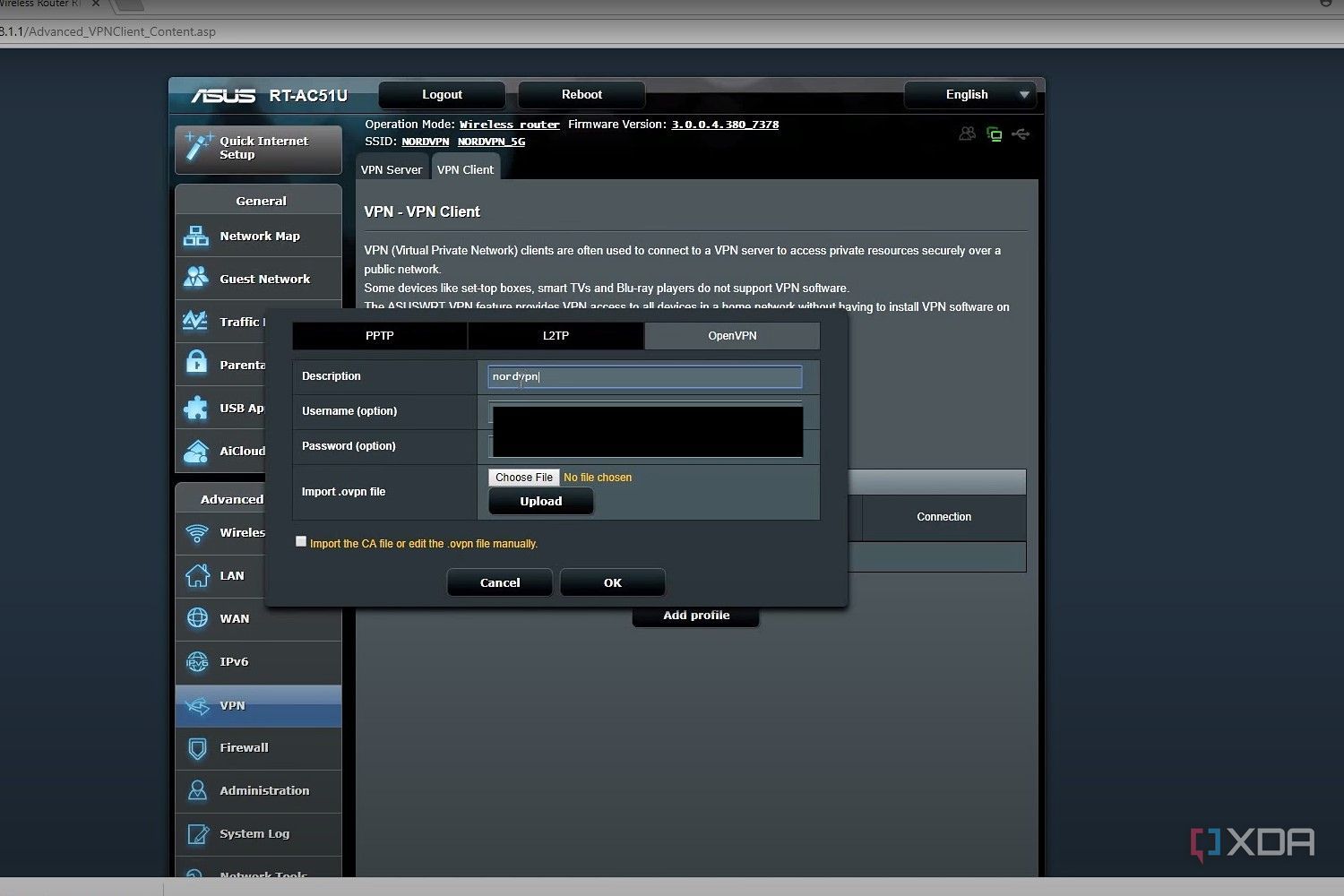 ASUS Router web interface screenshot that shows the OpenVPN setup window.