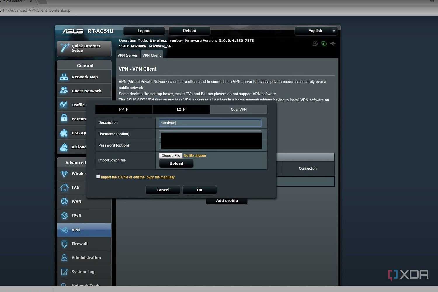 ASUS Router web interface screenshot that shows the OpenVPN setup window.