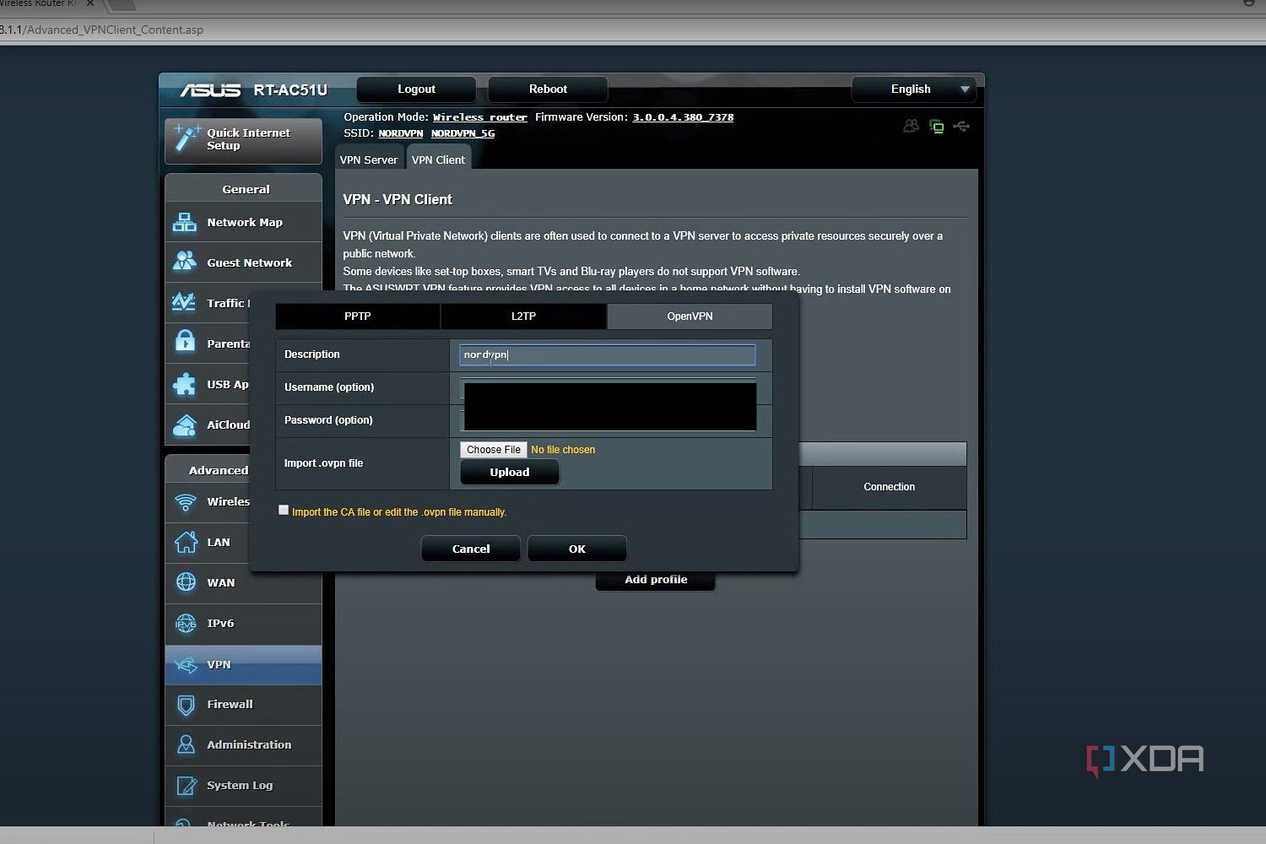 ASUS Router web interface screenshot that shows the OpenVPN setup window.