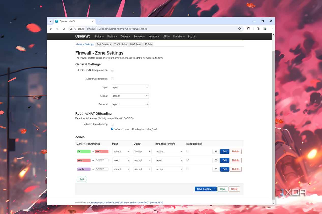The General Settings tab of the OpenWrt firewall settings page
