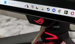 An image showing the Asus logo on the ROG PG27AQDM monitor.