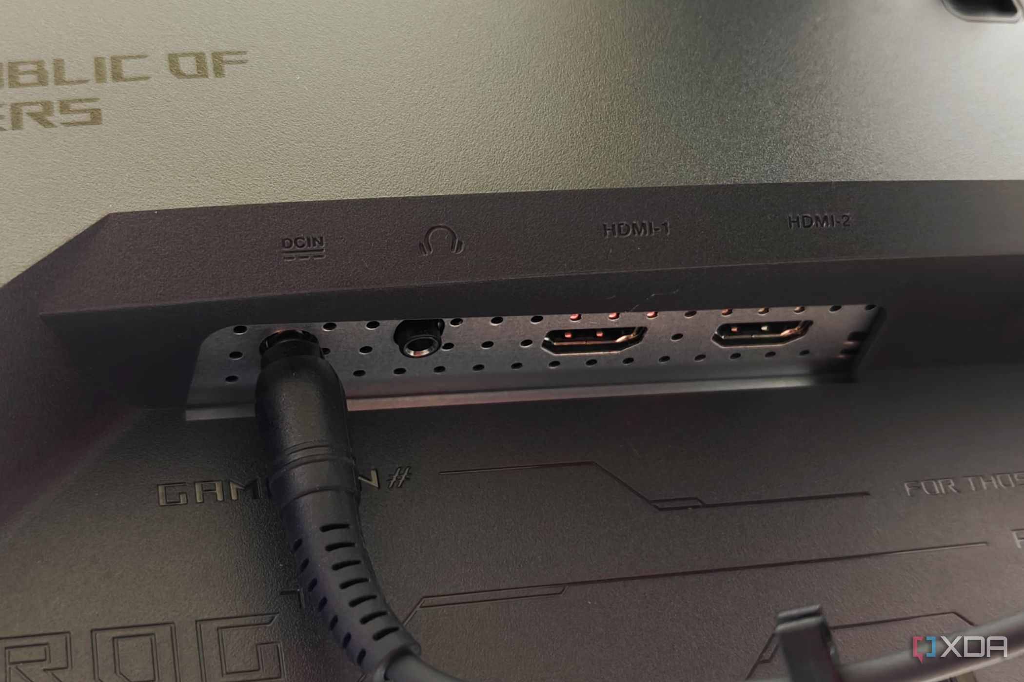 An image showing the left side ports of the Asus PG27AQDM monitor.