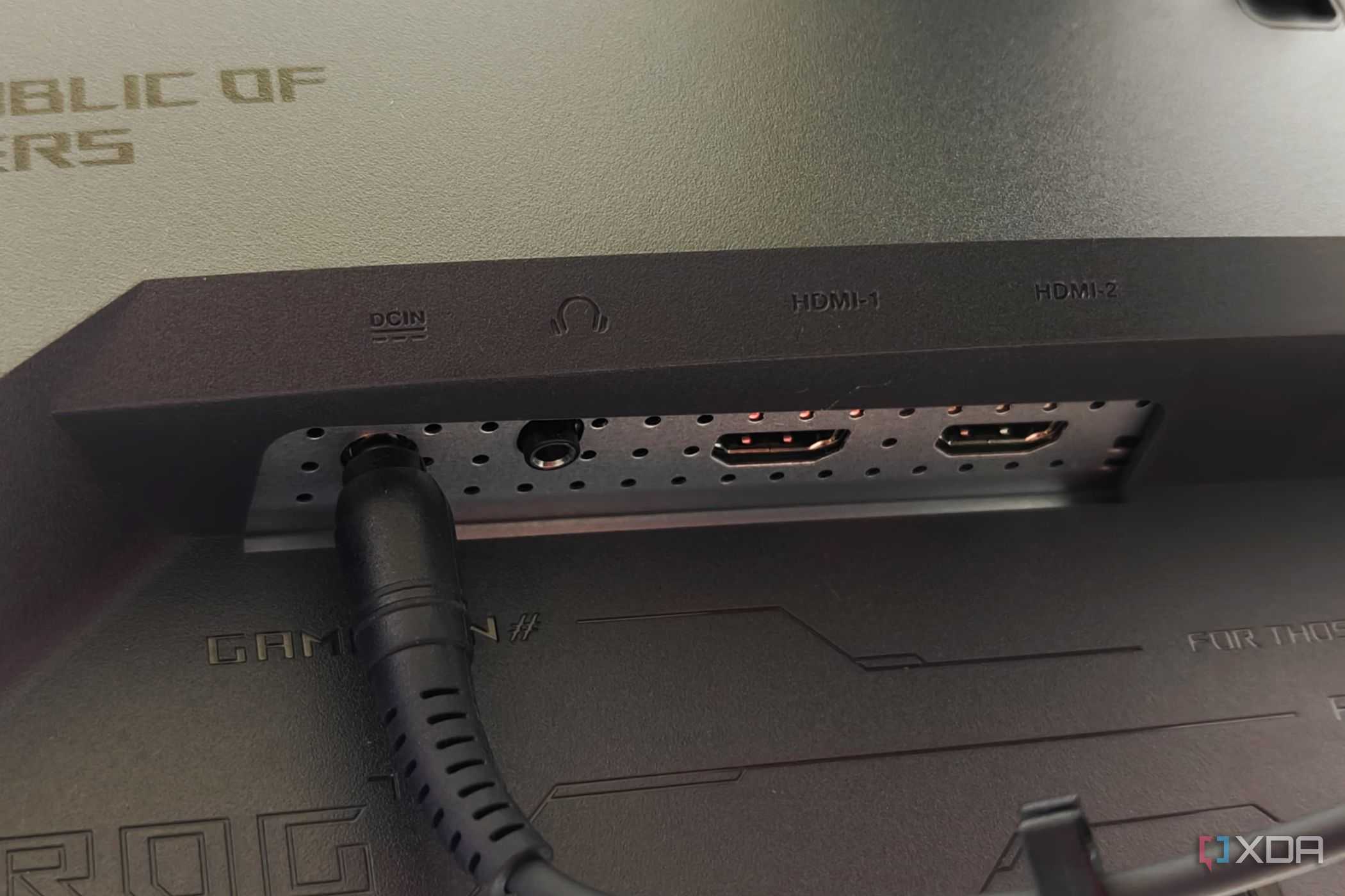 An image showing the left side ports of the Asus PG27AQDM monitor.