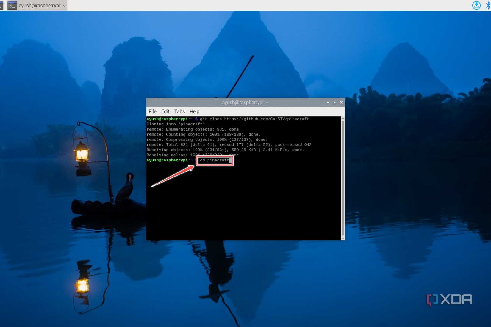 The Raspberry Pi terminal depicting the command to switch to the Pinecraft folder