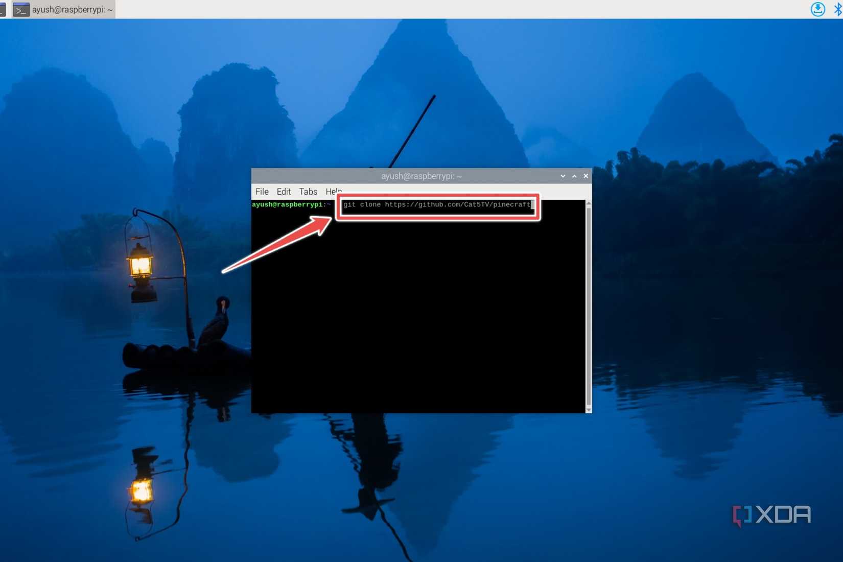 The Raspberry Pi terminal depicting the command to clone the Pinecraft repositiory