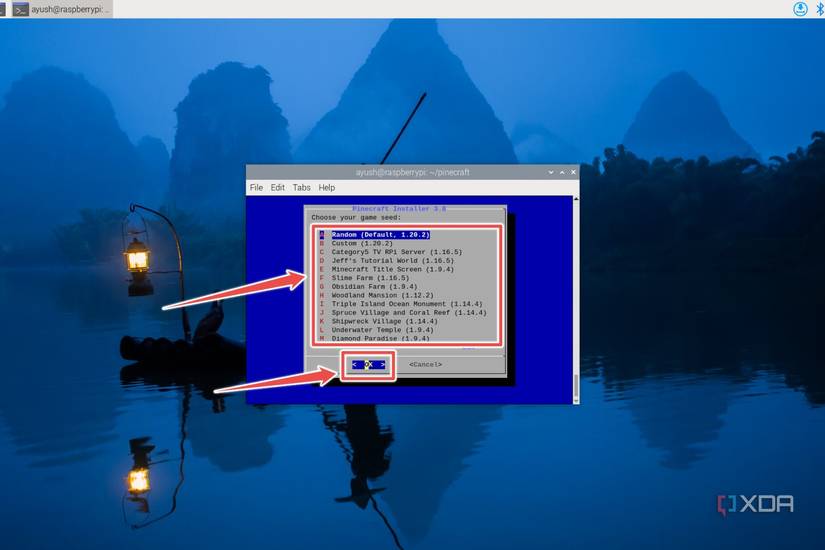 The procedure to select the game seed inside the Pineberry installer