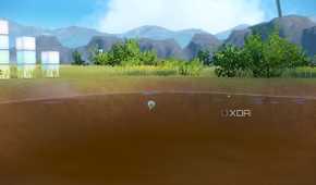 Screenshot of Pokémon Violet showing a pond with bushes nearby and mountains in the background