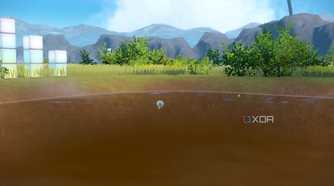 Screenshot of Pokémon Violet showing a pond with bushes nearby and mountains in the background