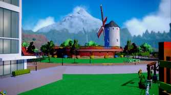 Screenshot of a town in Pokémon Violet