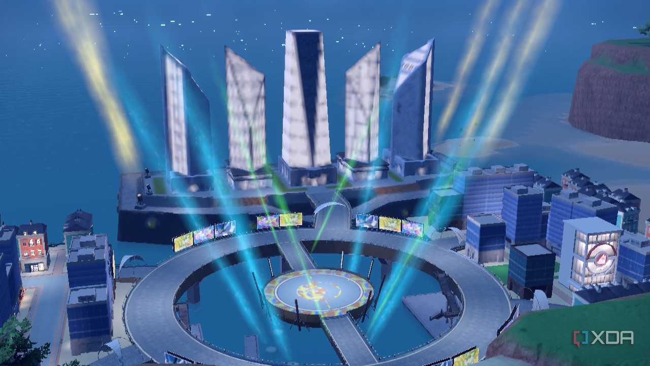 Screenshot of Pokémon Violet showing a series of buildings with a very low-resolution texture