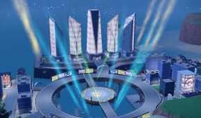 Screenshot of Pokémon Violet showing a series of buildings with a very low-resolution texture