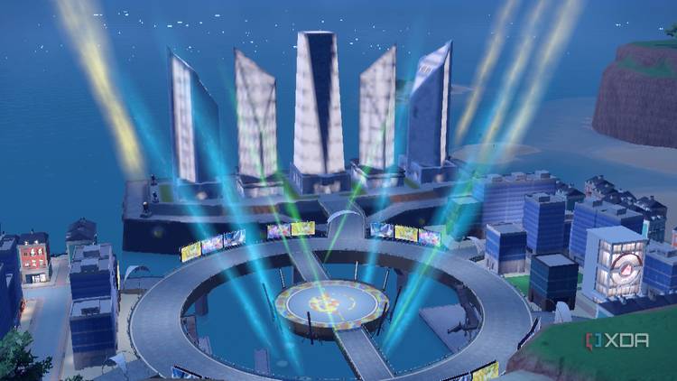 Screenshot of Pokémon Violet showing a series of buildings with a very low-resolution texture