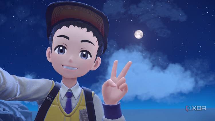 Screenshot of the main character in Pokémon Violet taking a selfie