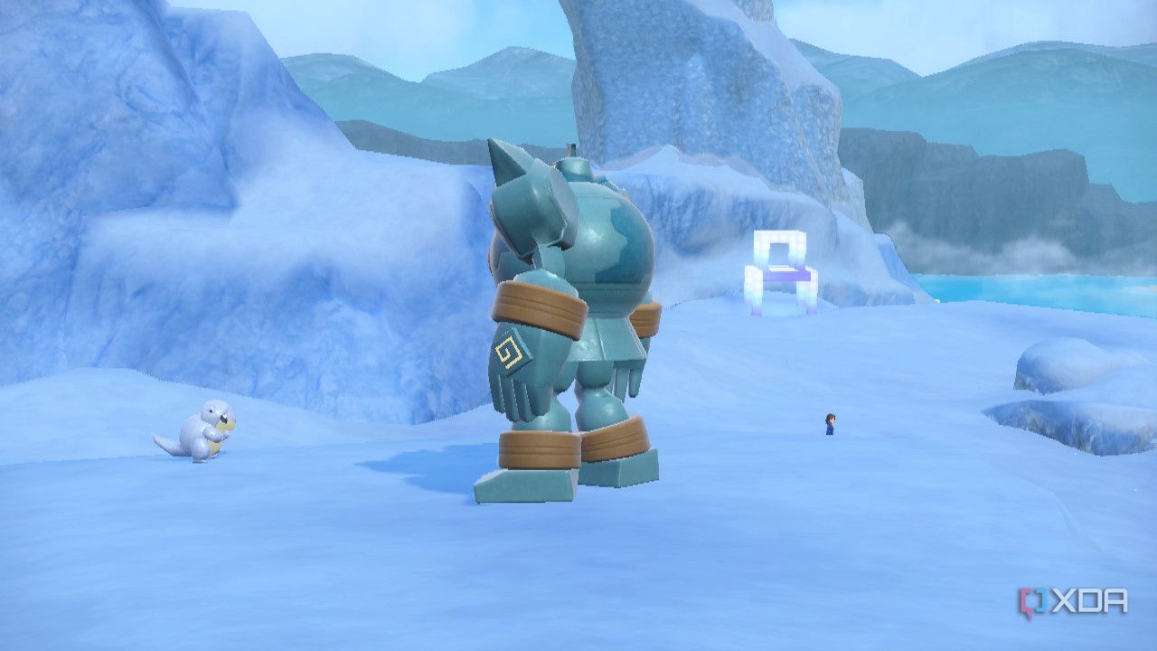 Screenshot of a scene in Pokémon Violet including a Golurk