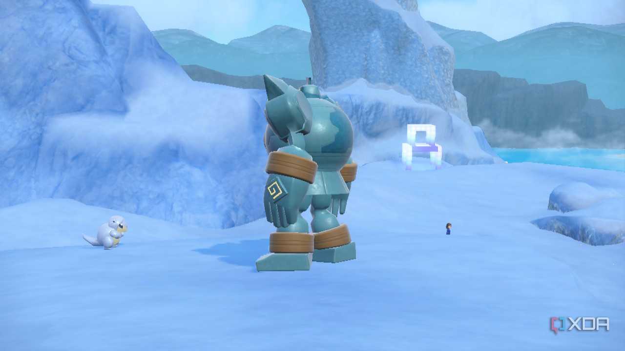 Screenshot of a scene in Pokémon Violet including a Golurk