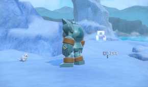 Screenshot of a scene in Pokémon Violet including a Golurk