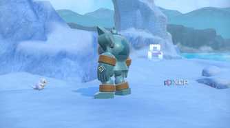 Screenshot of a scene in Pokémon Violet including a Golurk