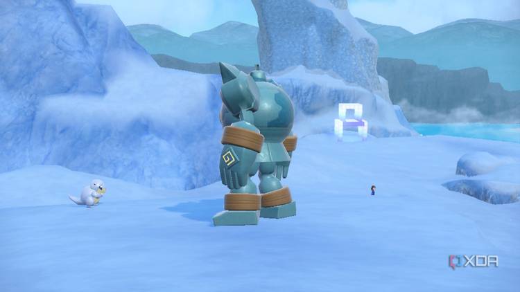 Screenshot of a scene in Pokémon Violet including a Golurk