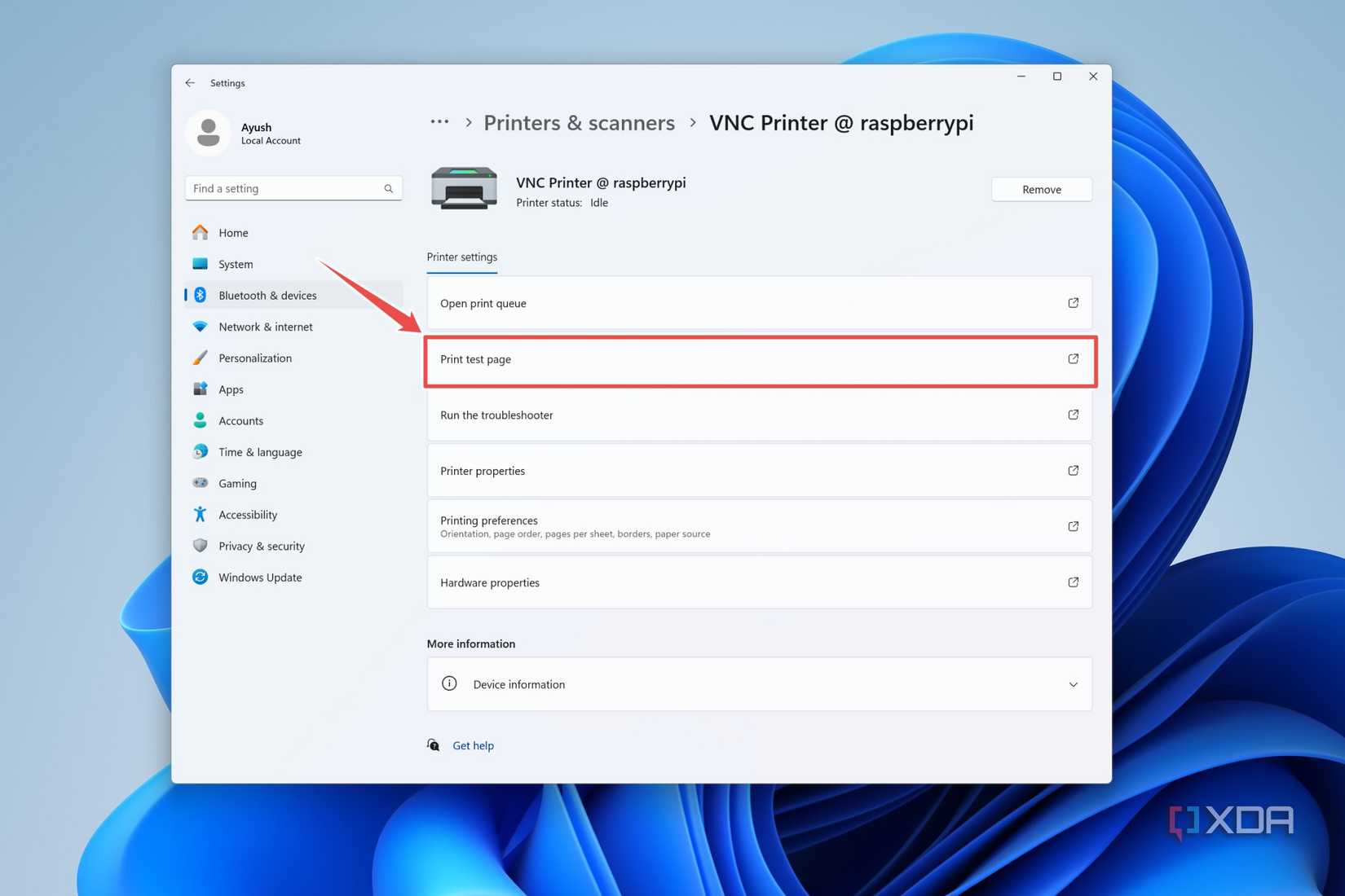 The Settings app with the Print test page option highlighted